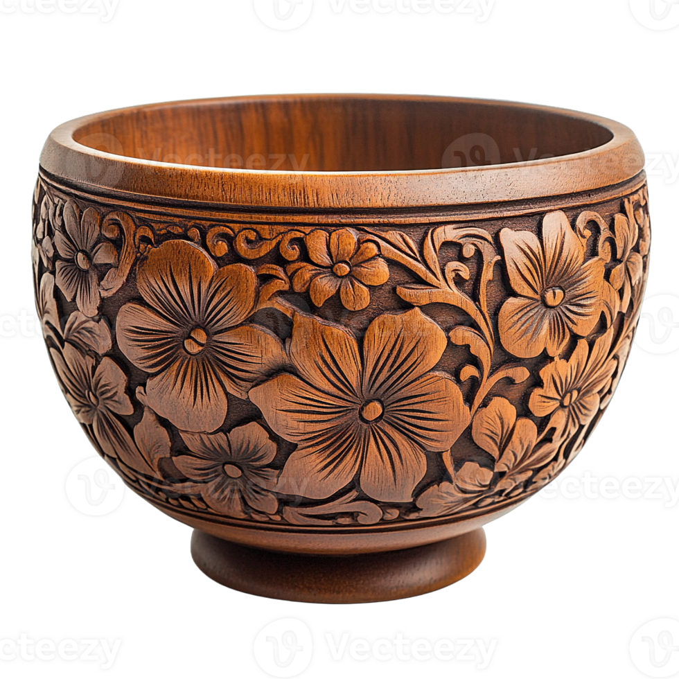 Rustic Floral Carved Wooden Bowl Isolated on Transparent Background png