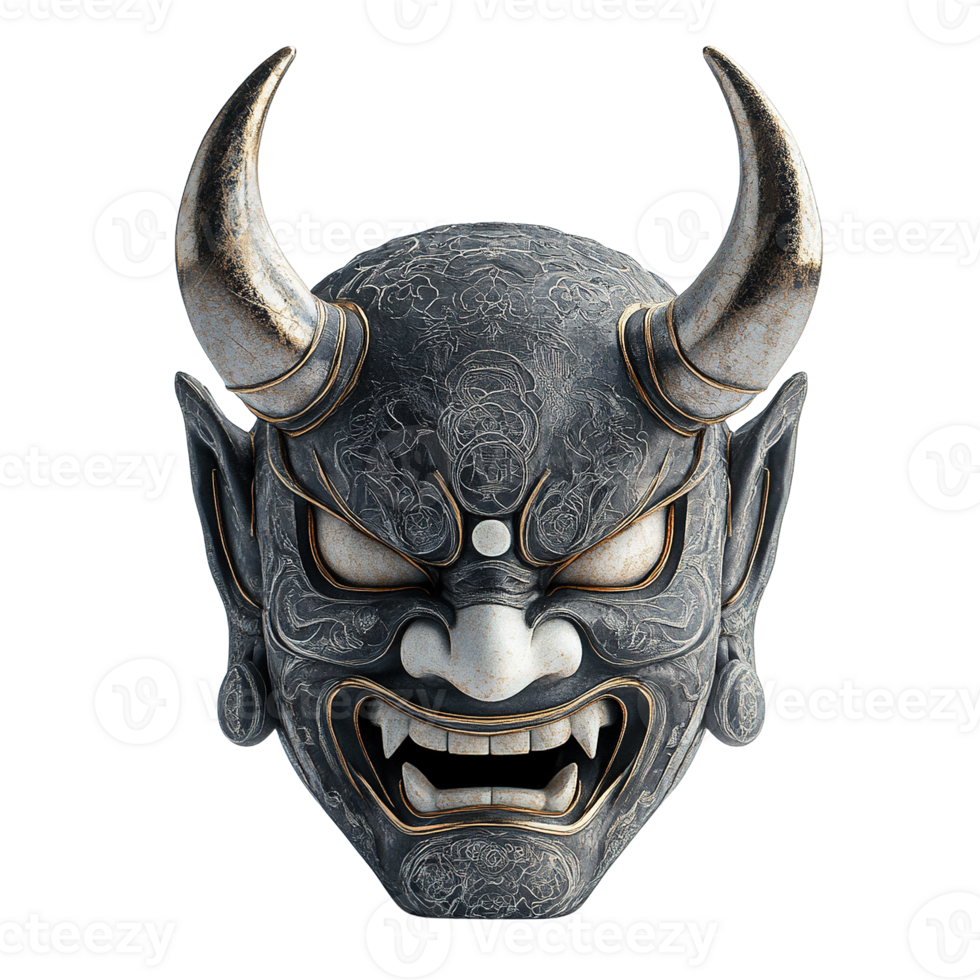 Oni Mask with Scary Expressions, Metallic Horns, and Ornamental Carvings Isolated on Transparent Background png