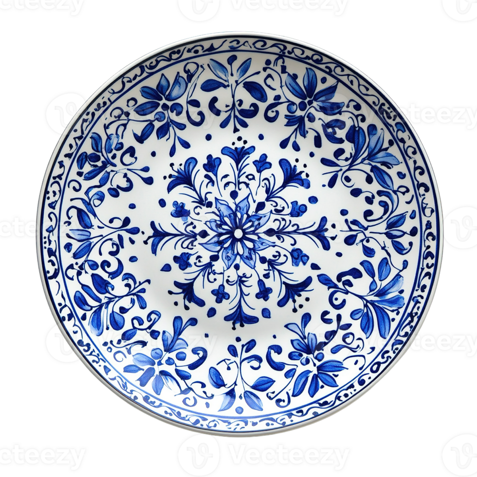 Ornamental Blue and White Ceramic Plate Isolated on Transparent Background png