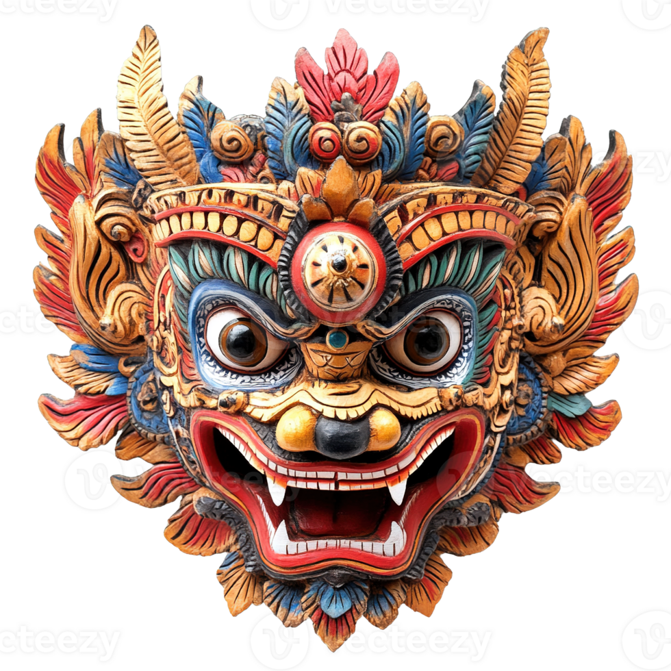 Handcrafted Wooden Barong Mask with Expressive Face and Detailed Ornamental Design on Transparent Background png