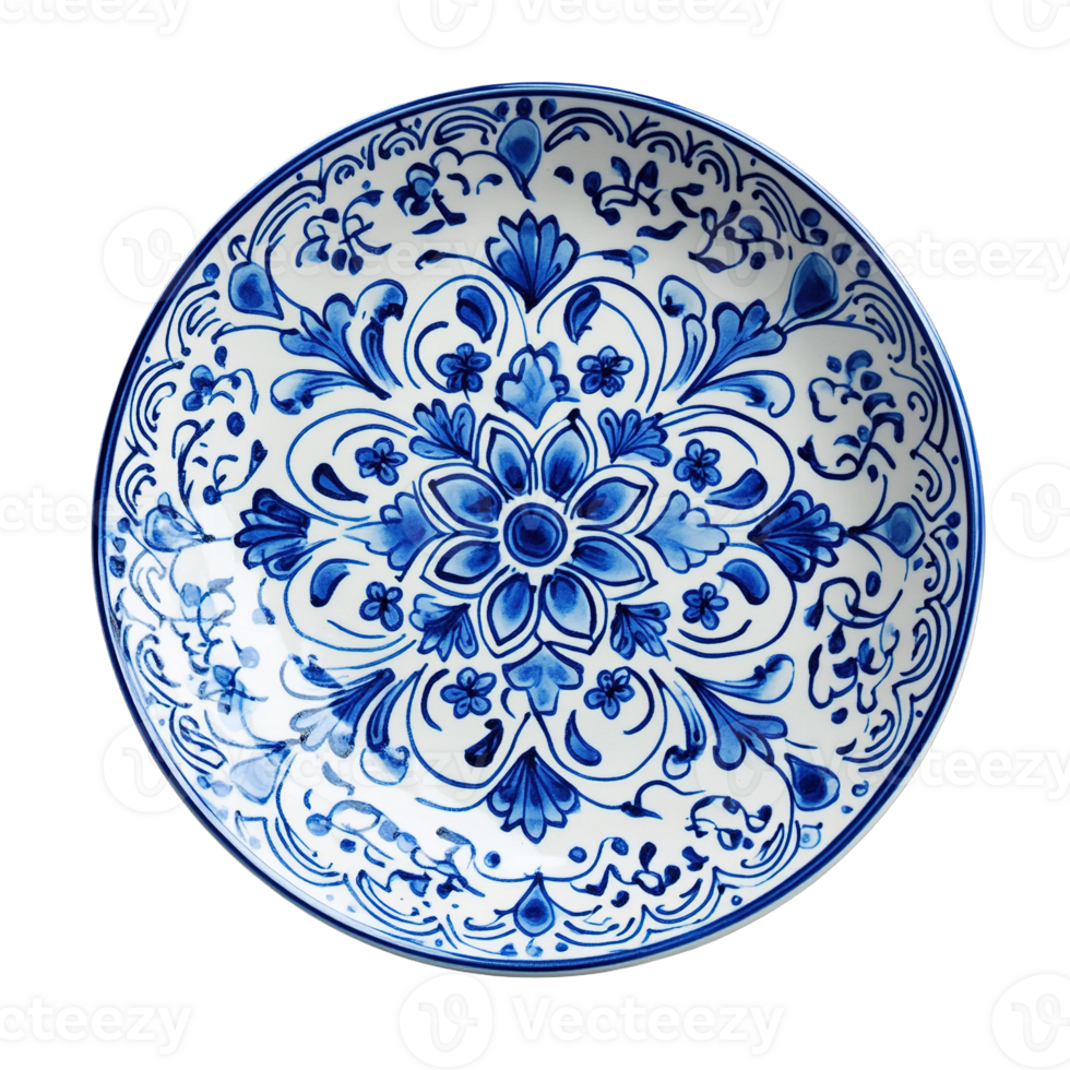 Hand-Painted Decorative Plate Featuring Classic Blue and White Oriental Motifs Isolated on Transparent Background png