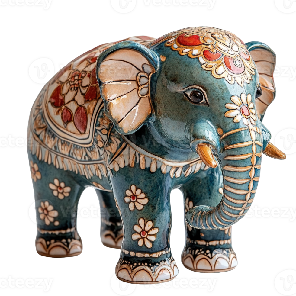 Ornate Hand-Glazed Ceramic Elephant Figurine on Transparent Background png
