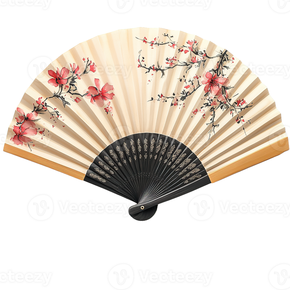 Artistic Oriental Folding Fan Featuring Hand-Painted Cherry Blossom Isolated on Transparent Background png