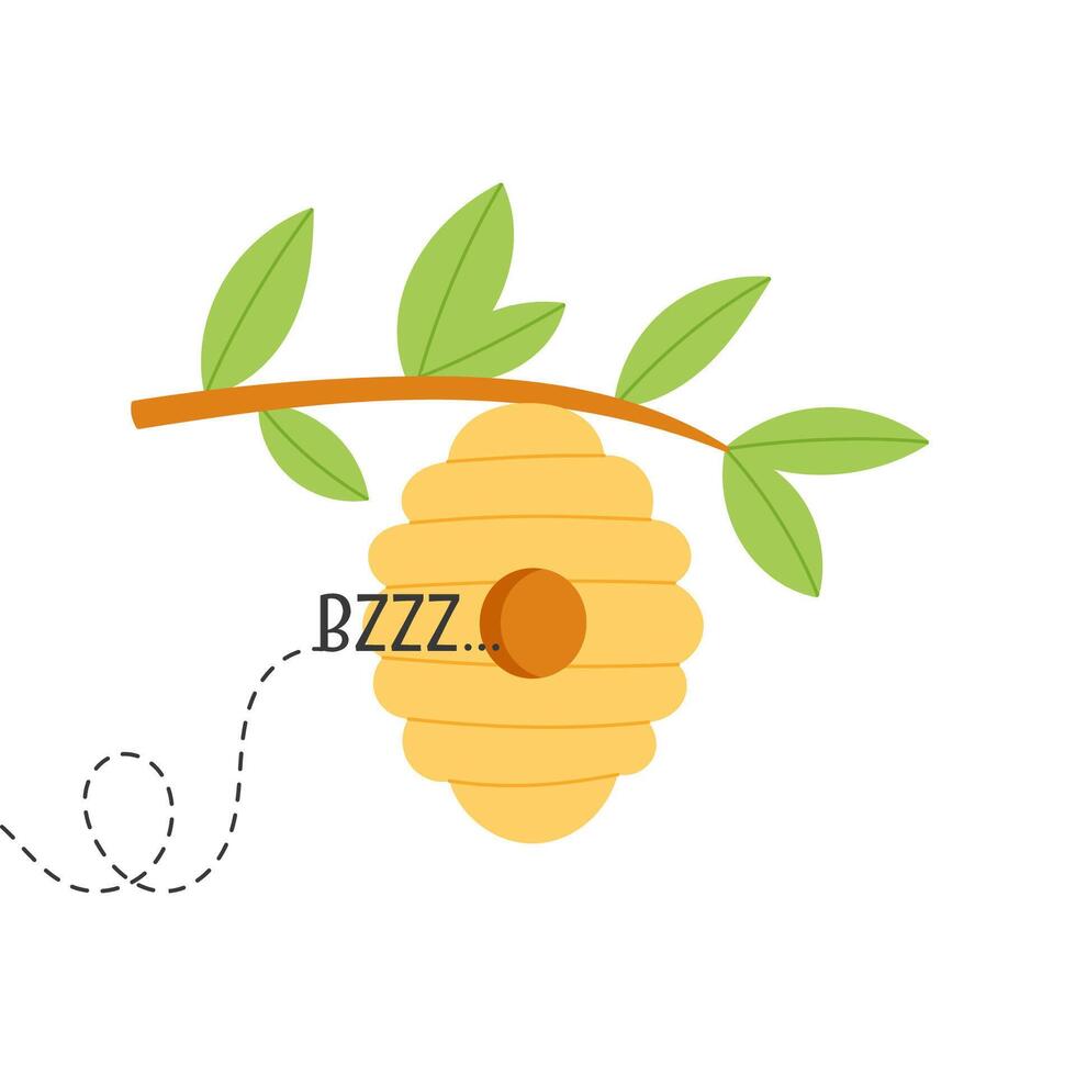 Cute beehive hanging on tree branch with buzzing bee sound. Flat hand drawn illustration vector
