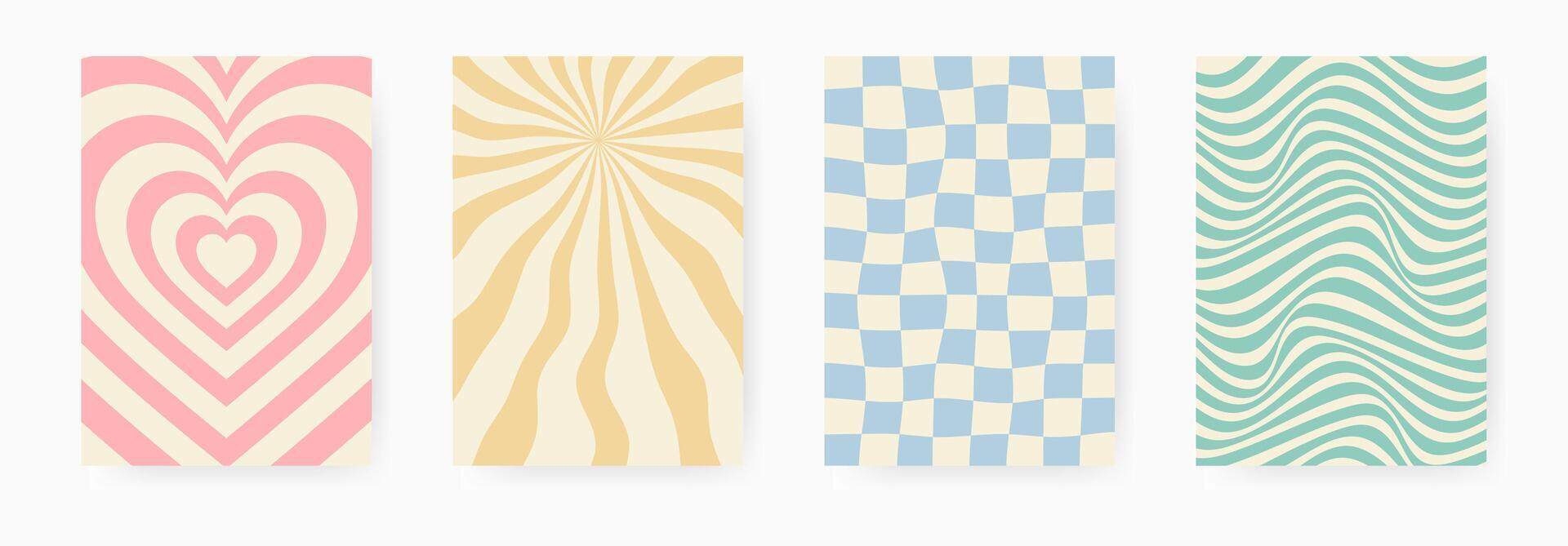Set of four abstract retro backgrounds with wavy lines, hearts, checkered and radial patterns in pastel colors vector