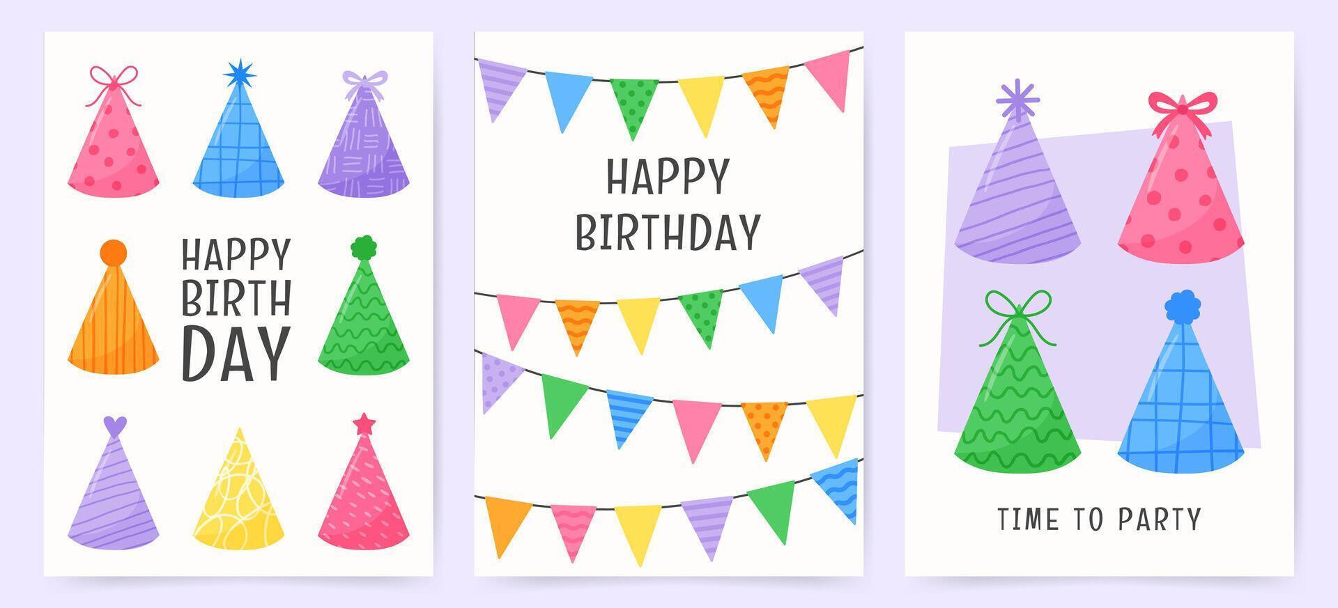 Happy Birthday celebration greeting cards with party hats, bunting flags and festive hand drawn lettering on white background vector