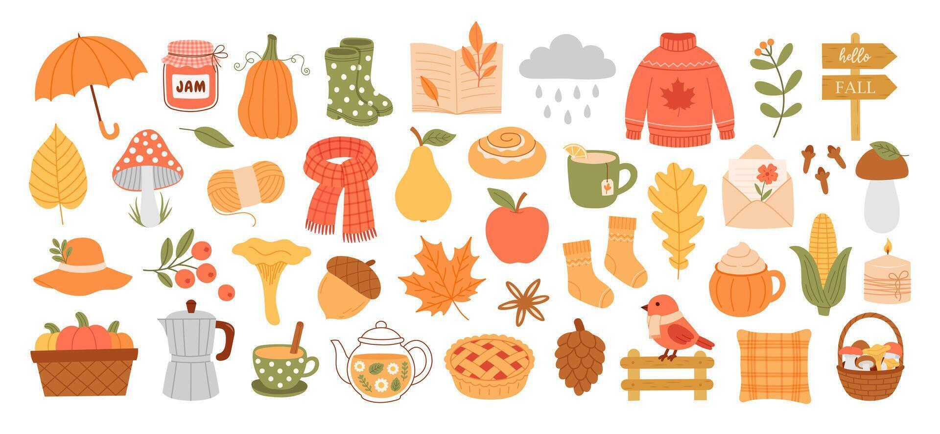 Autumn illustrations including leaves and pumpkins vector