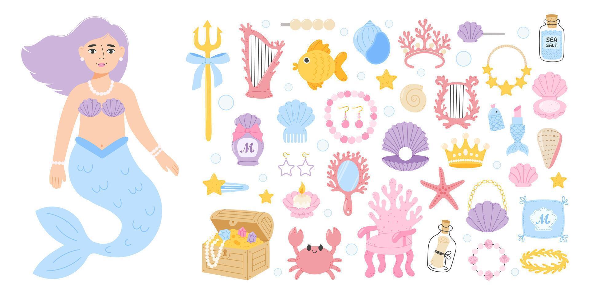 Mermaid with treasures and sea creatures vector