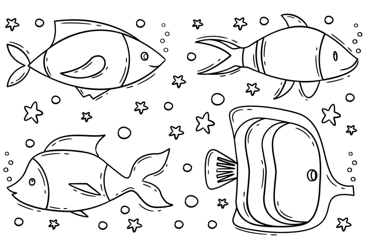 Different variety of fish doodles swimming in waters and with bubbles and stars vector