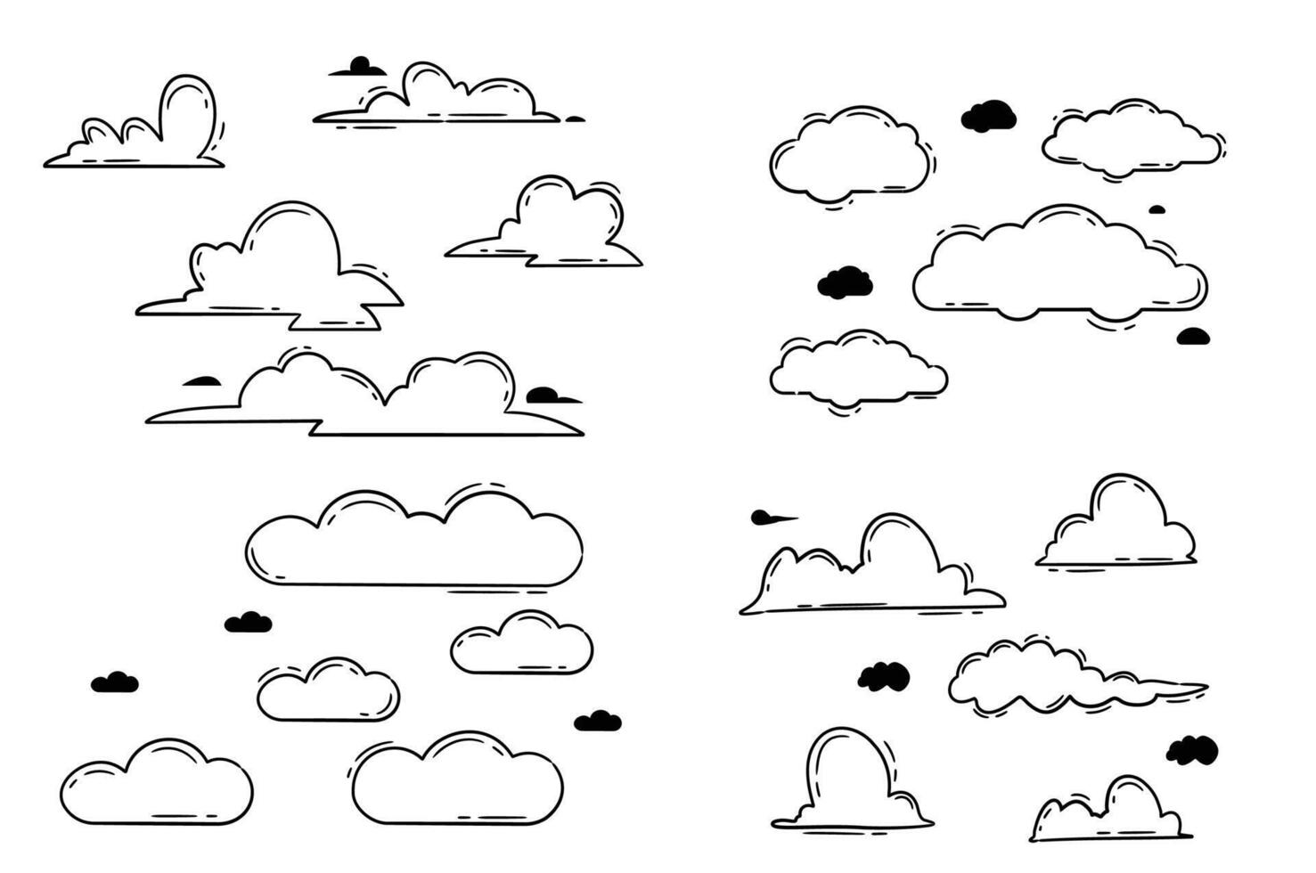 Various types of clouds doodle set, including cute cloud doodles, comic cloud doodles, and cartoon cloud doodles vector