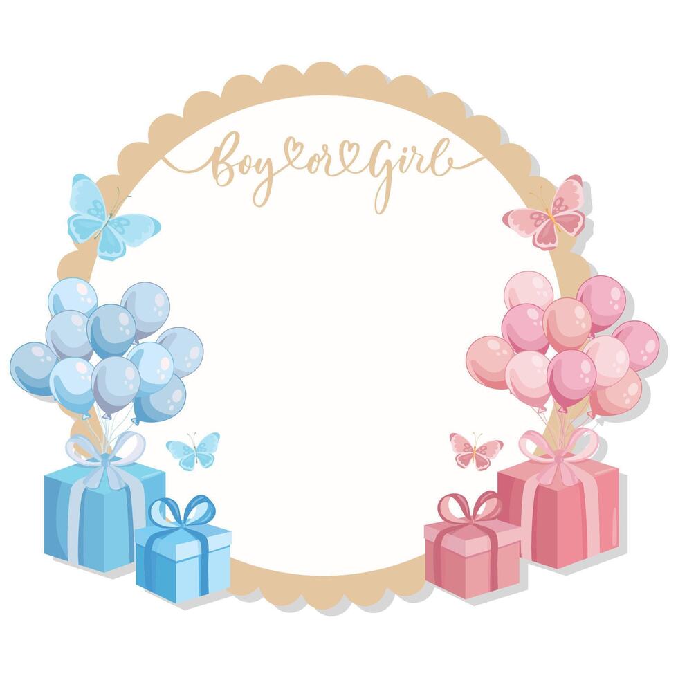 Cute gender reveal frame Blue and pink balloons presents Girl or boy vector