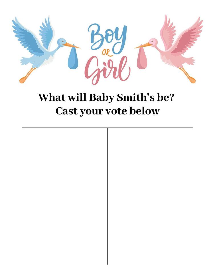 Boy or girl Vote card Gender reveal party Stork delivers the baby vector