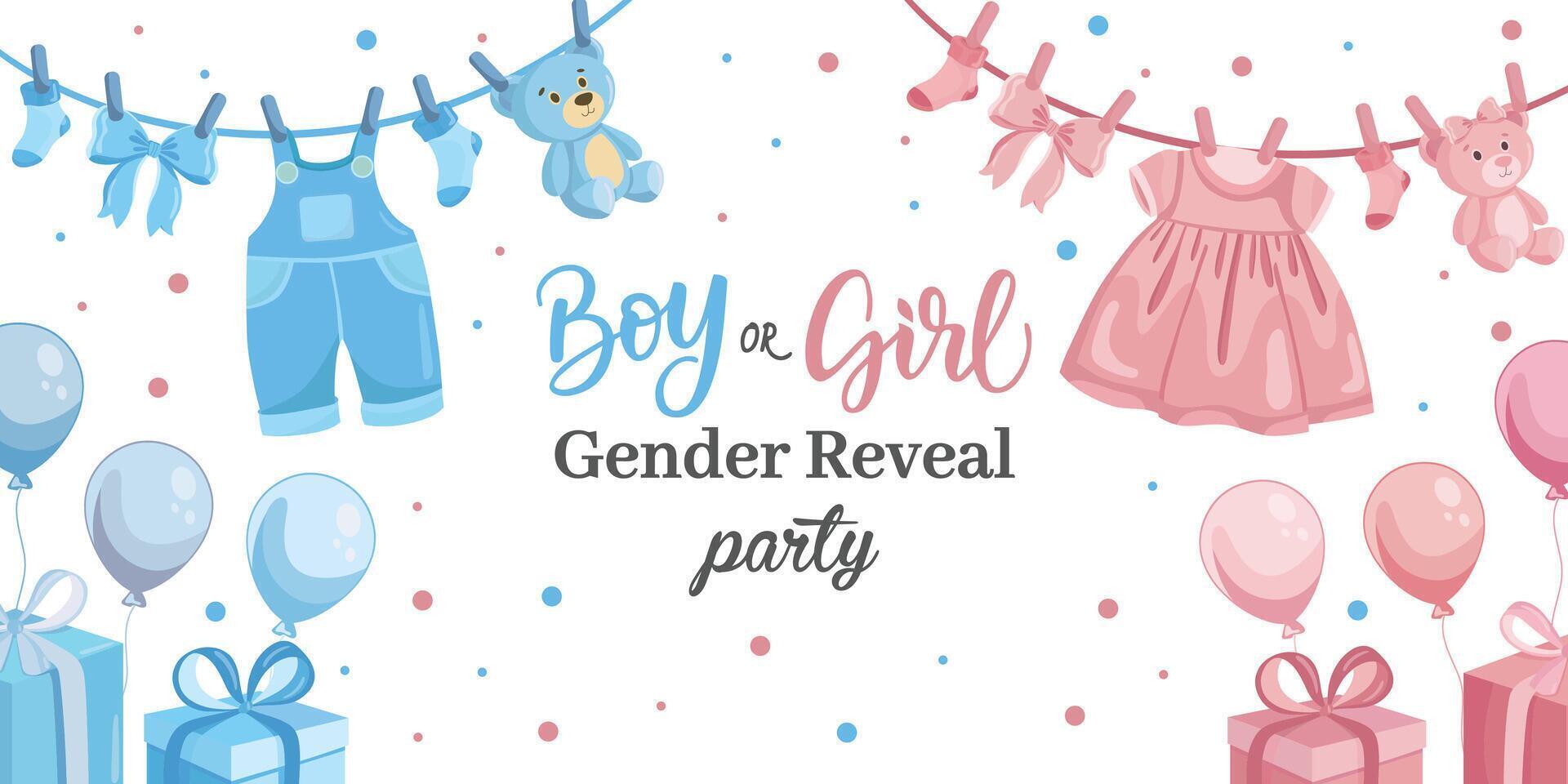 Boy or Girl Gender reveal banner Baby hanging clothes Pink or blue vector