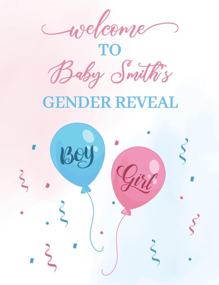Blue and pink gender reveal welcome poster Balloons Boy or girl vector