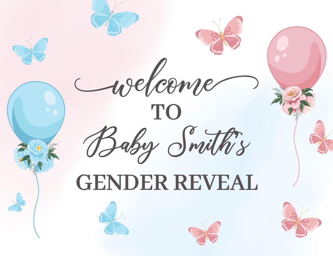 Welcome card Baby gender reveal Pink and blue flowers balloons butterflies vector