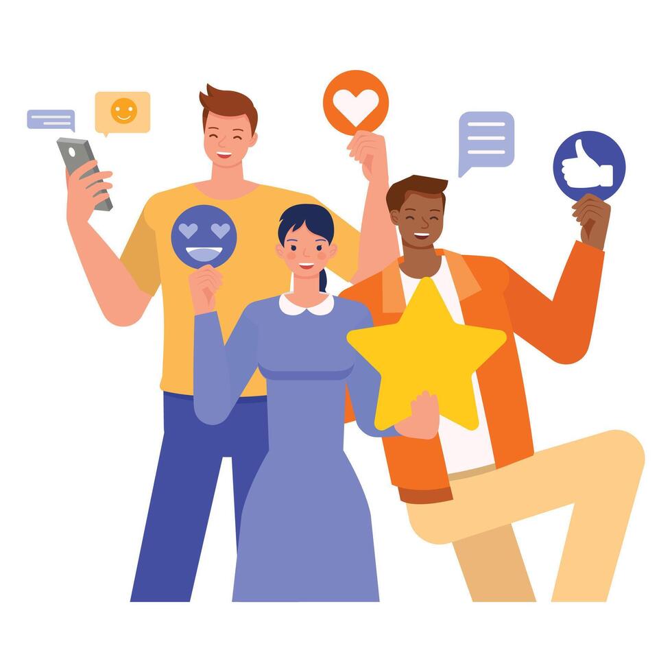 Customer satisfaction illustration concept. Man and woman review positive feedback for servicecharacter design. vector