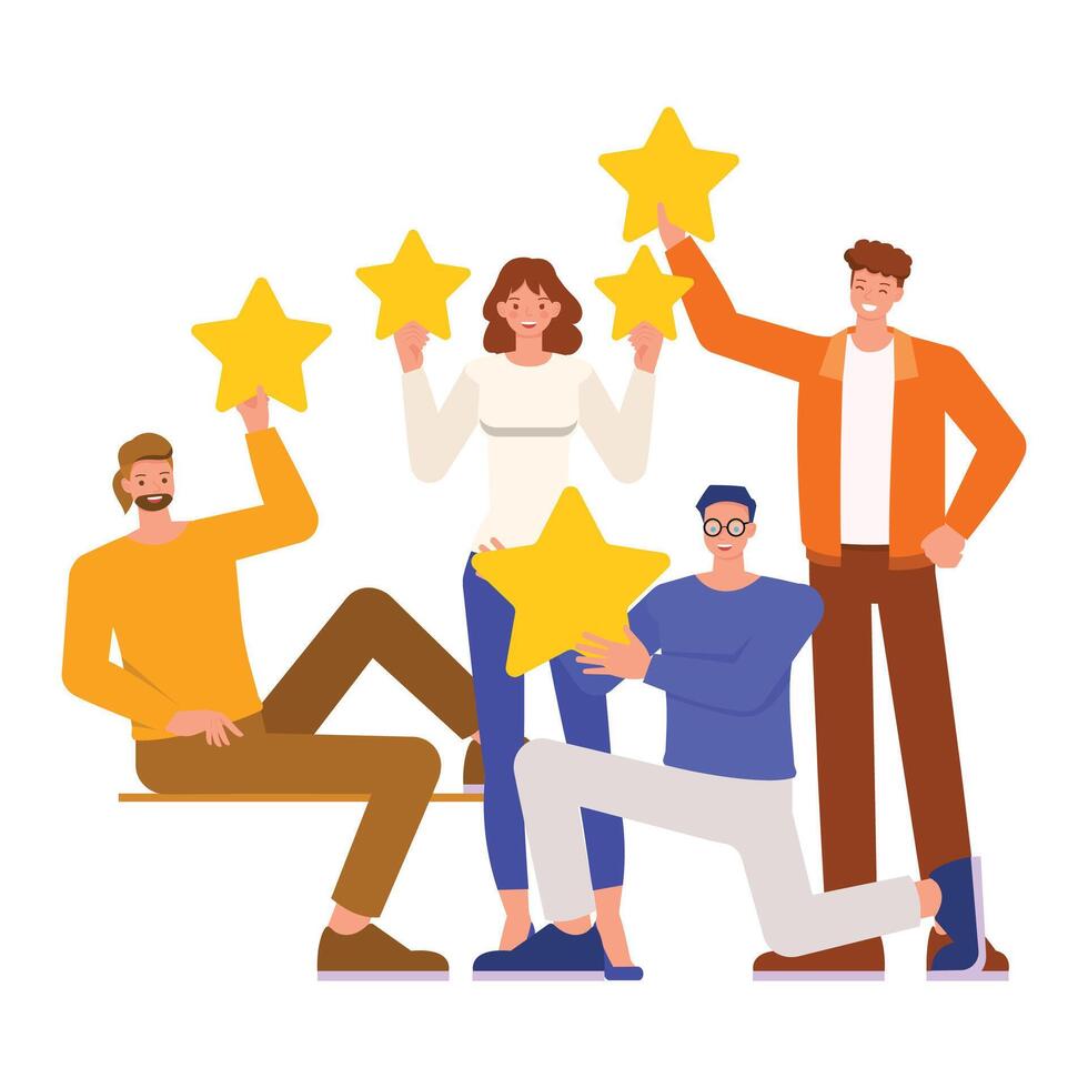 Rating illustration concept. Man and woman holding review star character design. vector