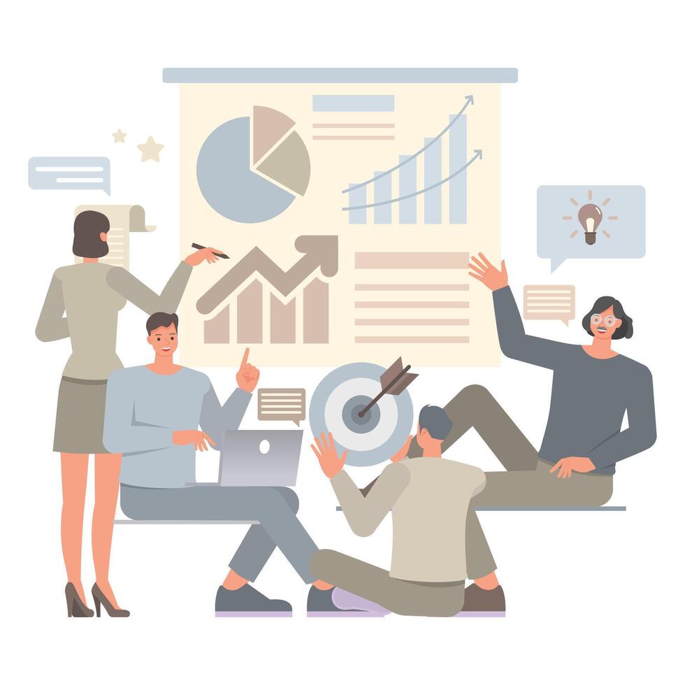 Business teamwork illustration concept. Business people working in office planning, thinking and economic analysis.Office man and woman character design. vector