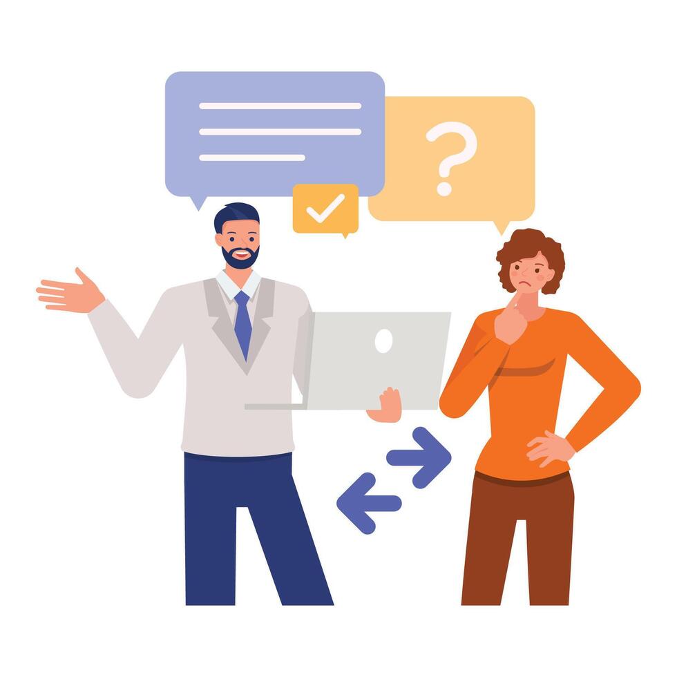 Business people response and discuss illustration concept. Office man and woman character design. vector