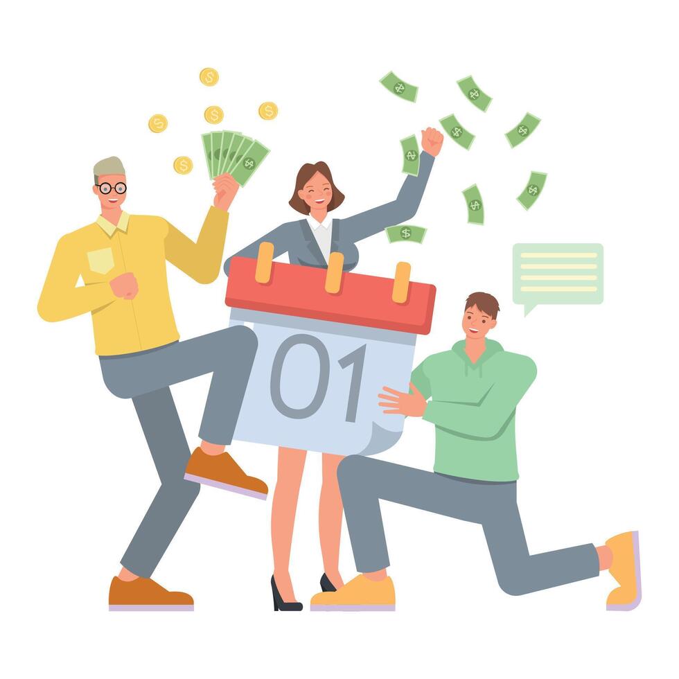 Business salary illustration concept. Office man and woman character design. Business people are happy to receive a salary increase on isolated white background. vector