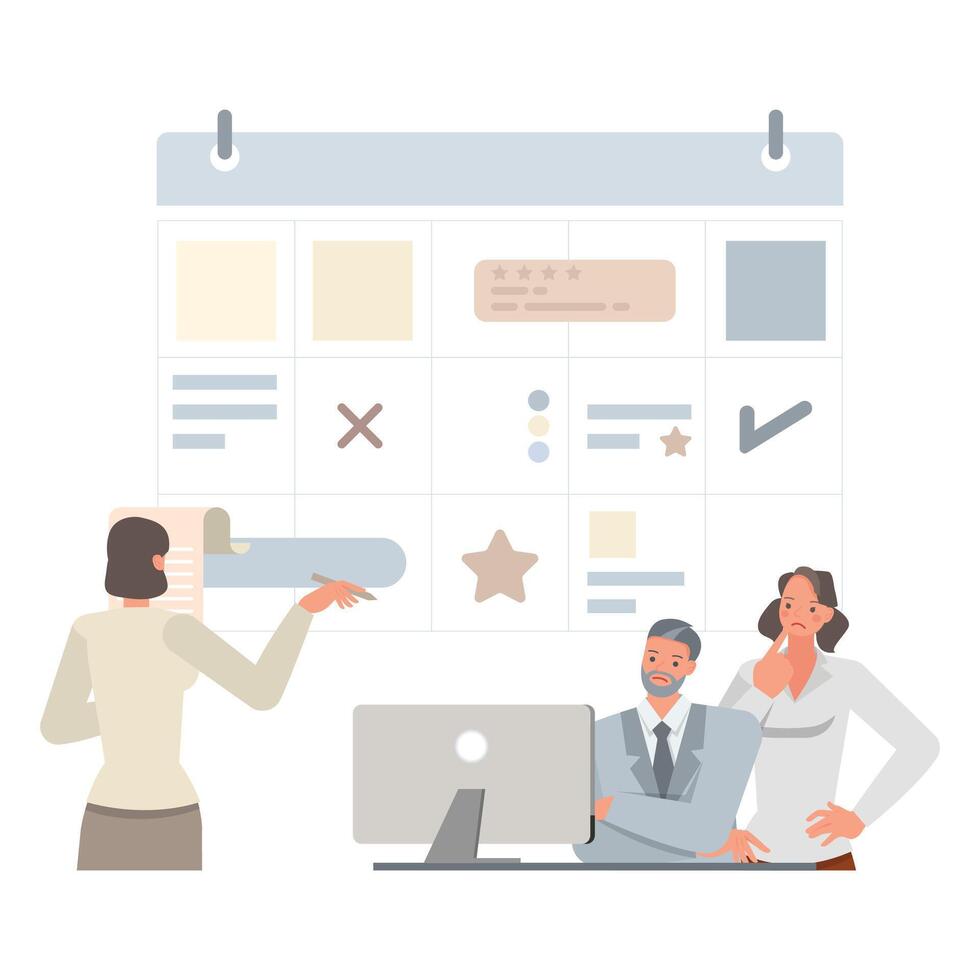Business planning illustration concept. Business people working in office planning, thinking and economic analysis.Office man and woman character design. vector