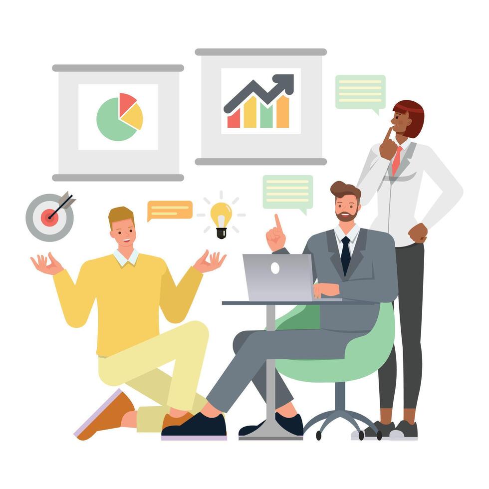 Business teamwork concept. Office man and woman character design. Business people working in office planning, thinking and economic analysis on isolated white background. vector