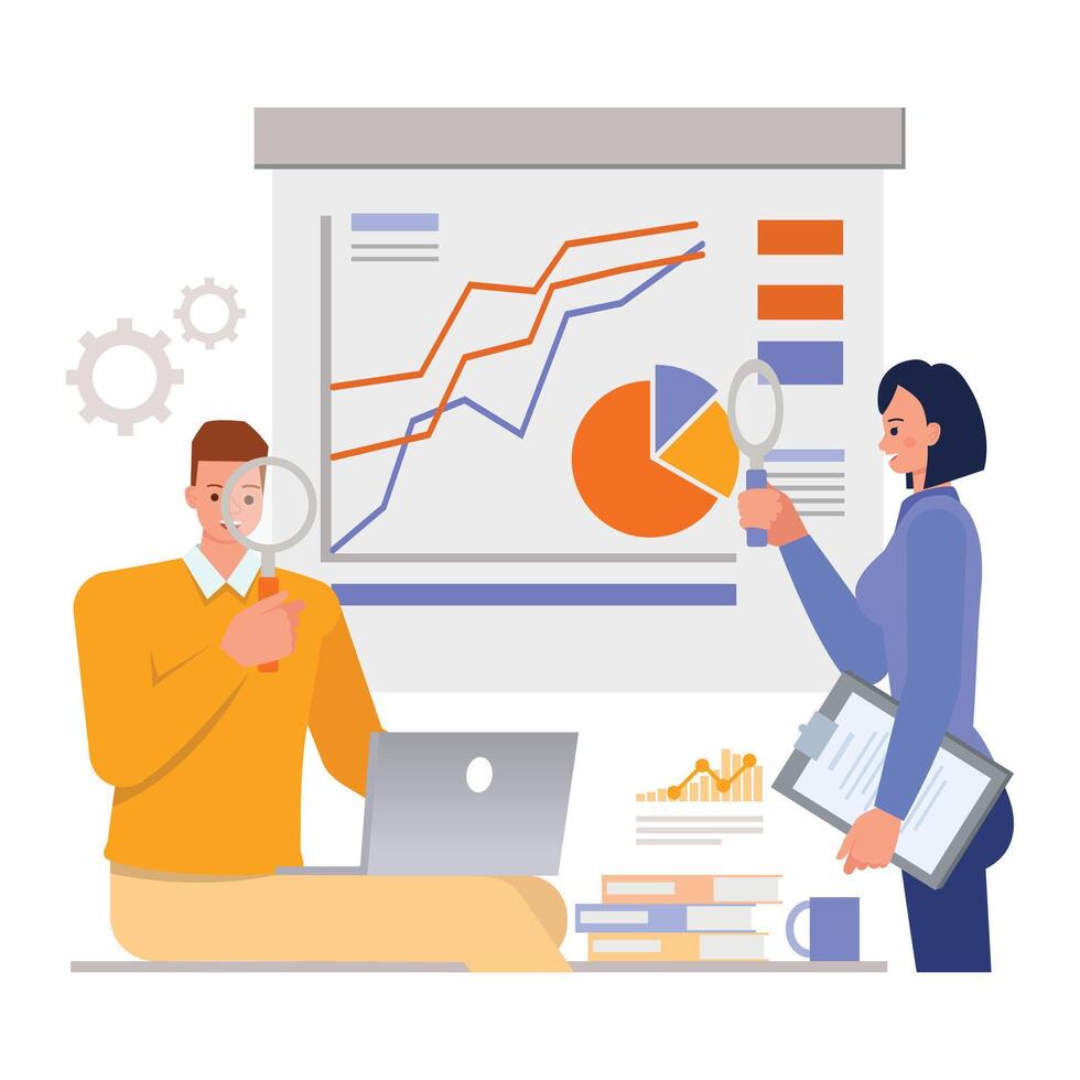 Business research illustration concept. Business people working in office planning, thinking and economic analysis.Office man and woman character design. vector