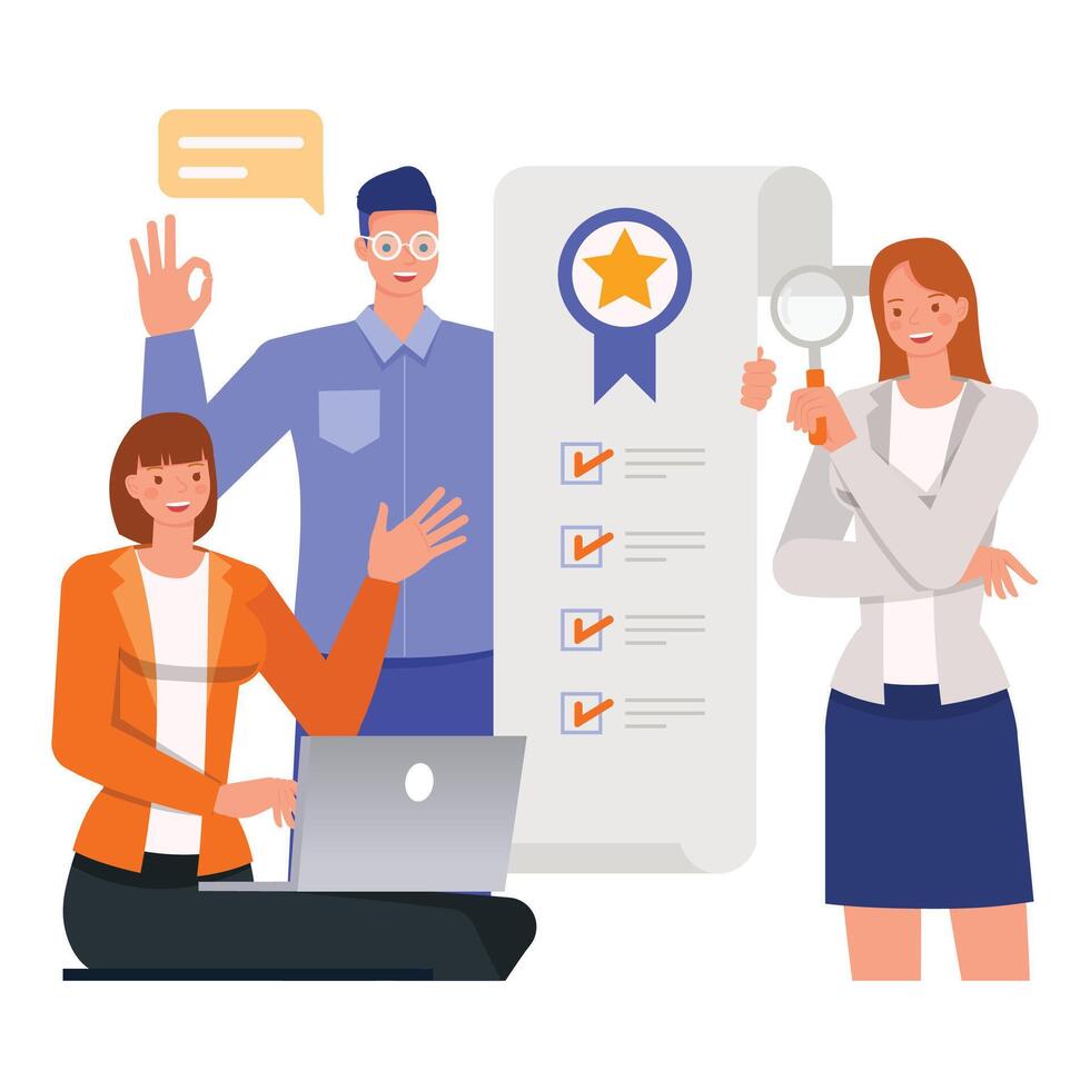 Quality illustration concept. Business people working in office. Businesswoman holding magnifying glass and checking the quality of work character design. vector