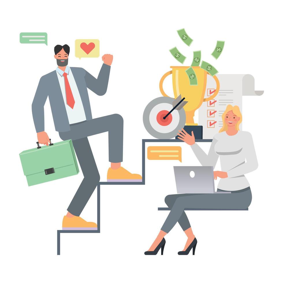 Business work promotion illustration concept. Office man and woman character design. Business people working in office planning, thinking and economic analysis on isolated white background. vector