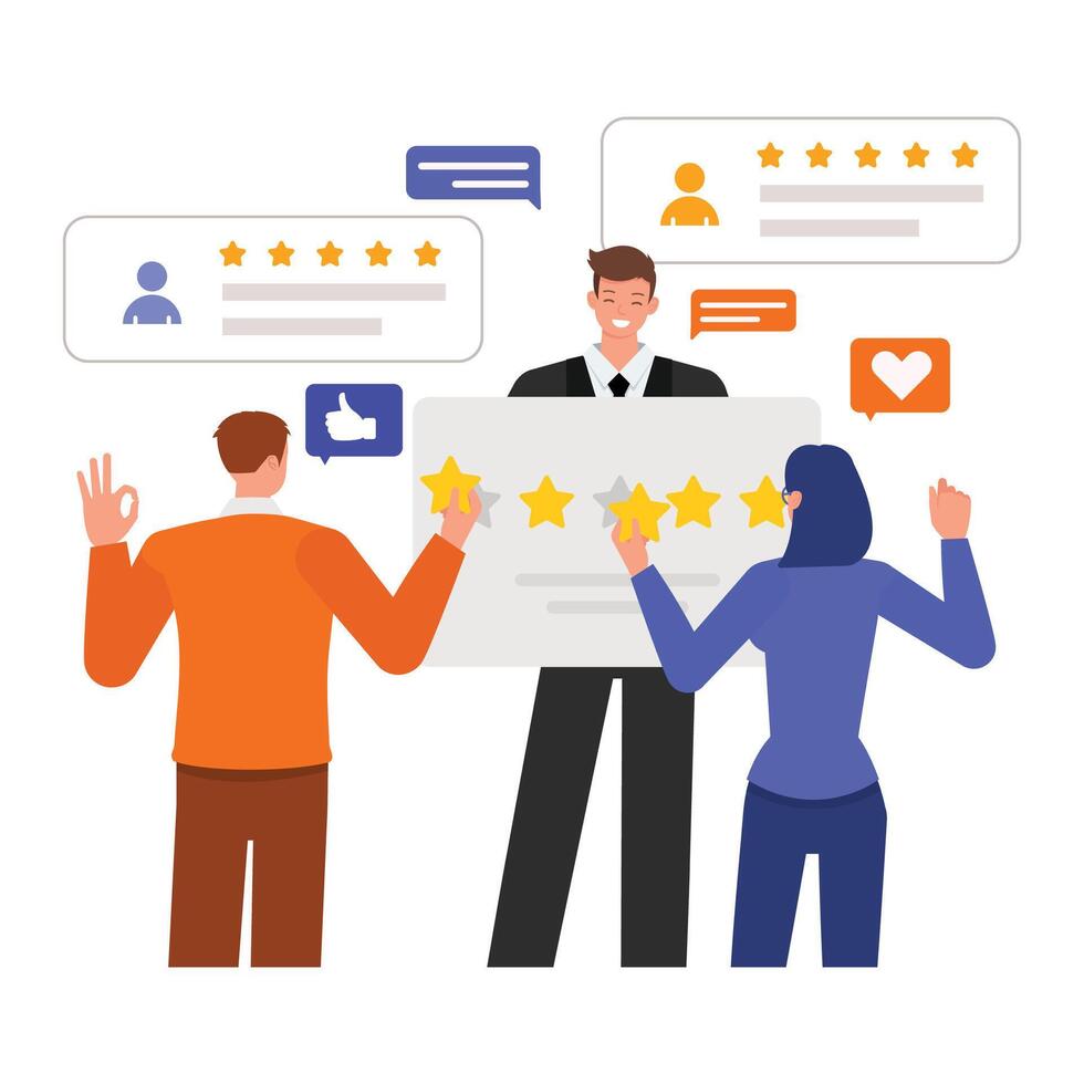 Experience illustration concept. Business people character design. Customer give star rating to business service. vector