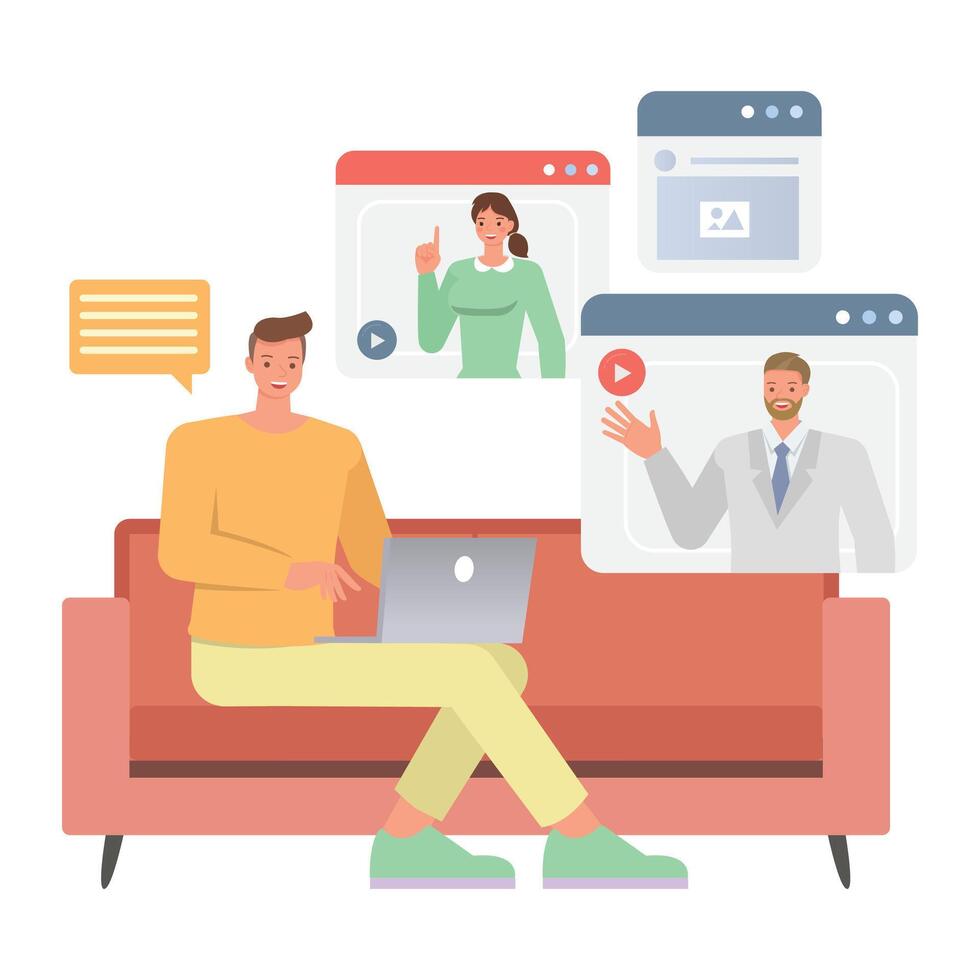 Business remote work illustration concept. Office man and woman character design. Business people working in home planning, thinking and economic analysis on isolated white background. vector