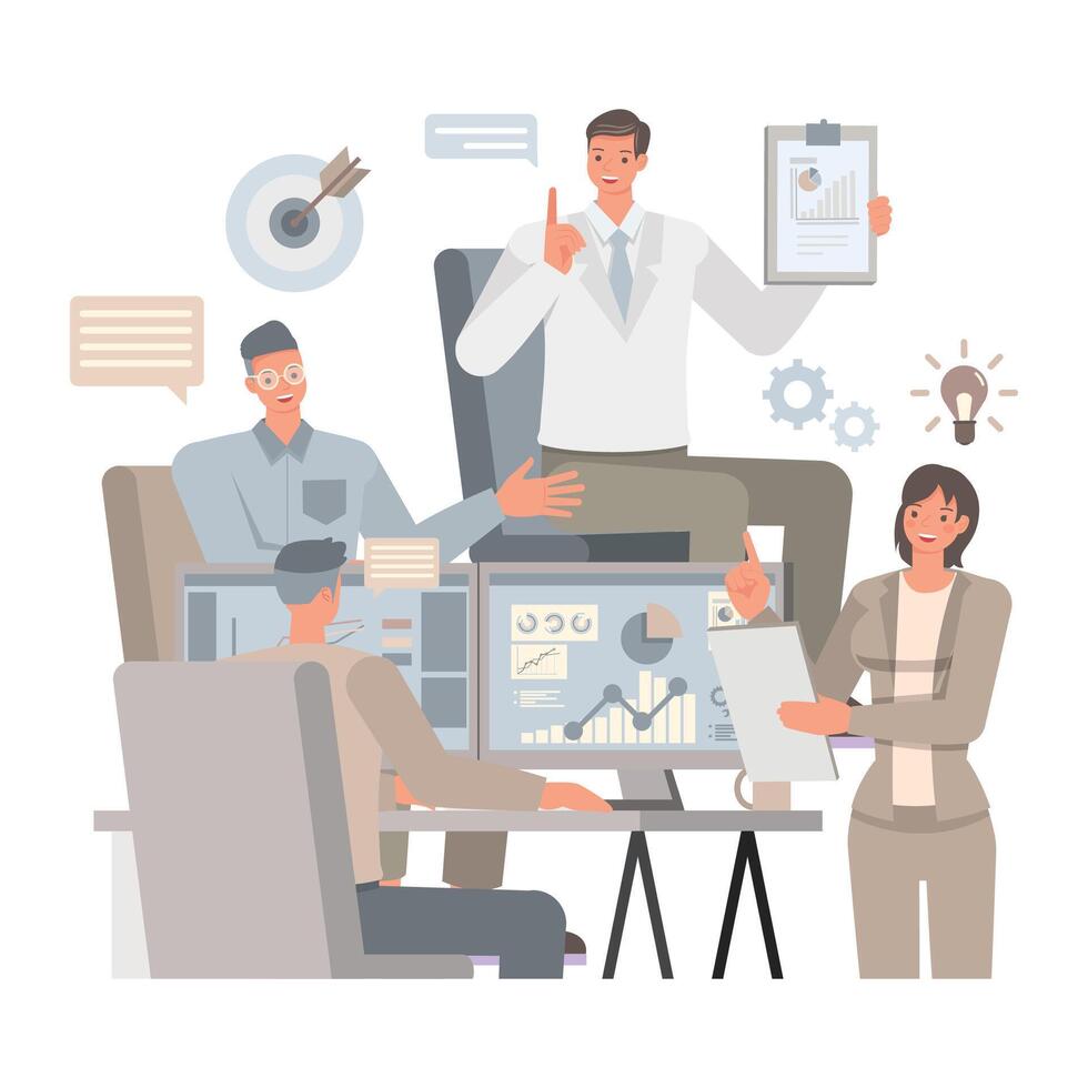 Business organization illustration concept. Business people working in office planning, thinking and economic analysis.Office man and woman character design. vector
