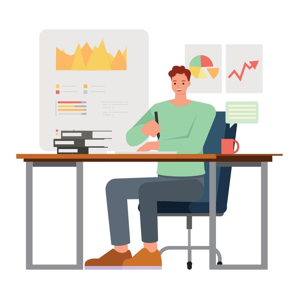Business people working in office planning, thinking and economic analysis character design. vector