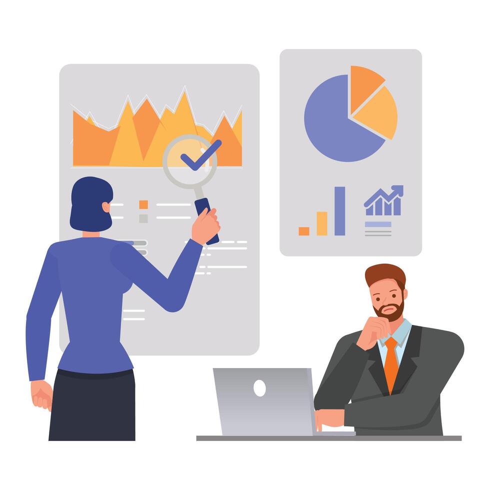 Inspection illustration concept. Business people working in office planning, thinking and economic analysis on isolated white background. vector