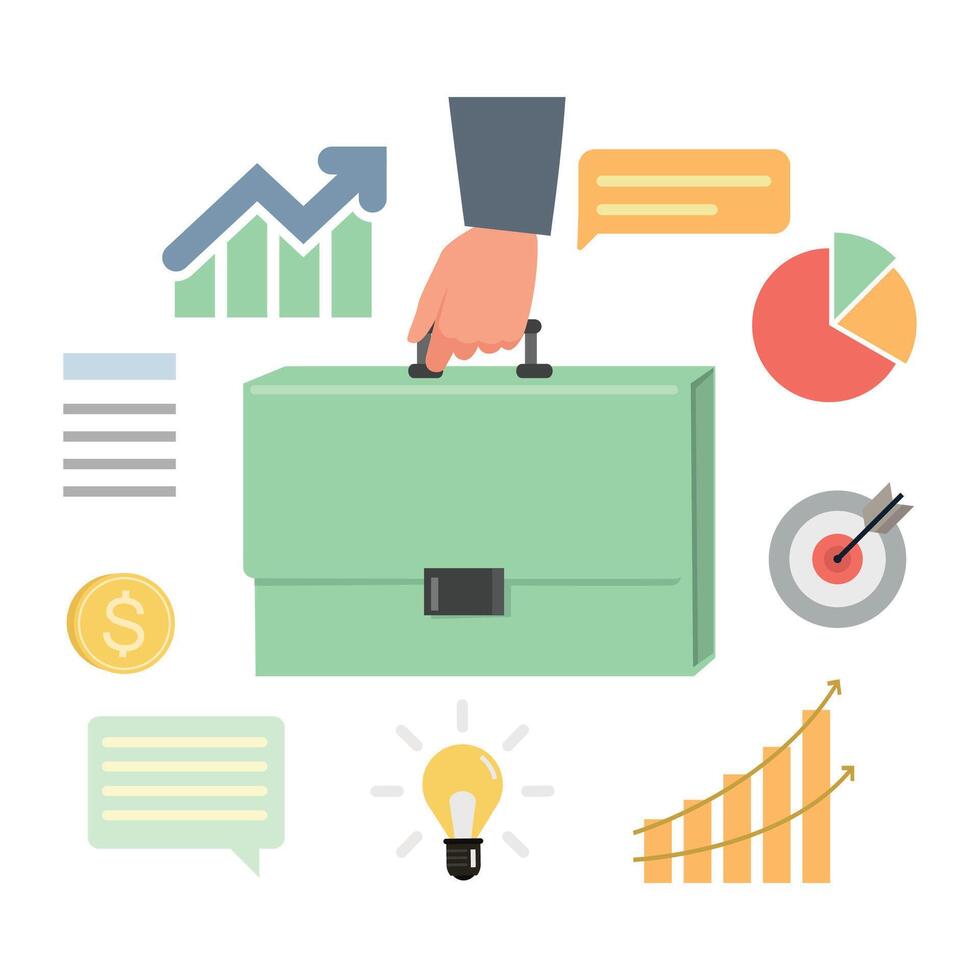 Businessman hand holding briefcase bag illustration design concept. vector