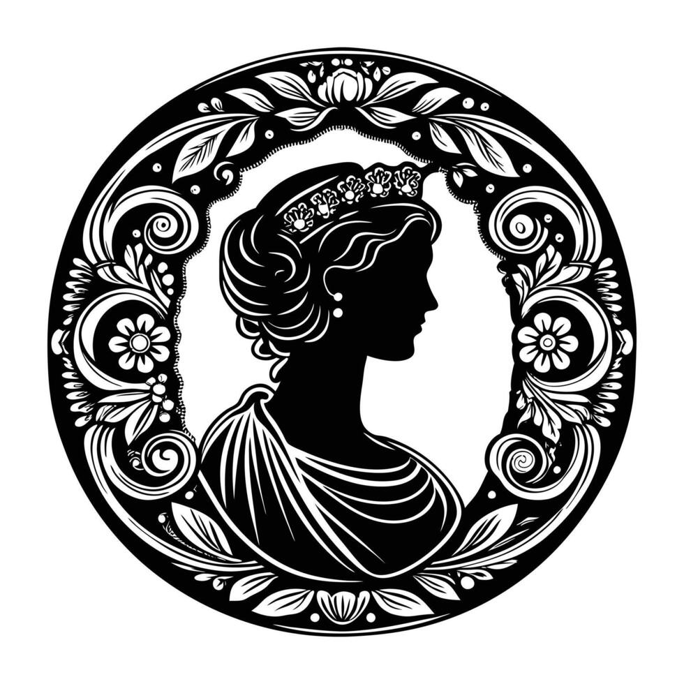 A silhouette of a regal woman with a tiara, draped in a flowing scarf, vector