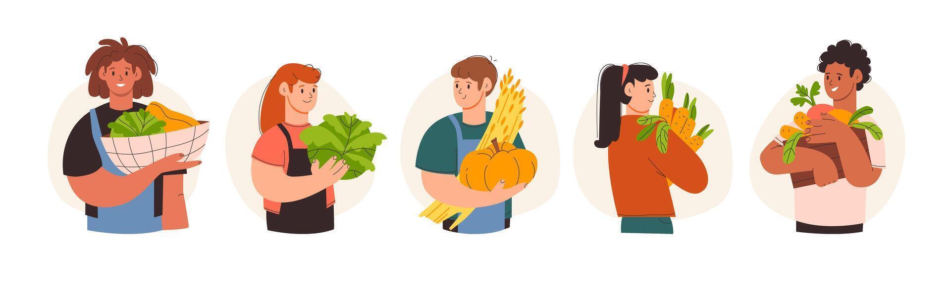 People holding fresh vegetables and fruits vector