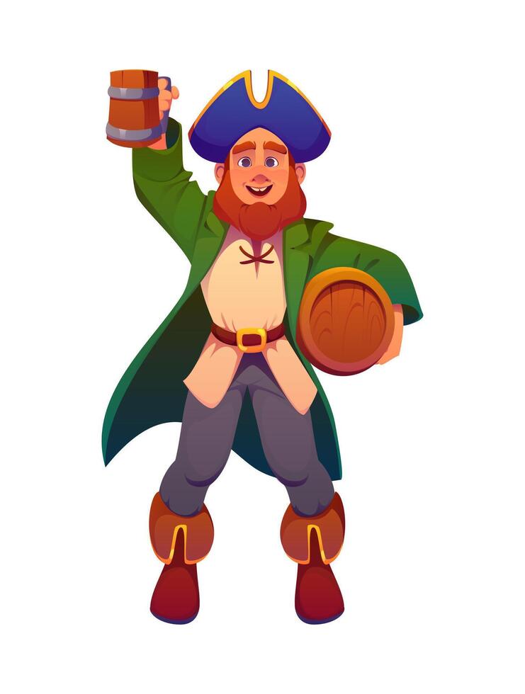 Pirate ship crew character corsair with rum barrel vector