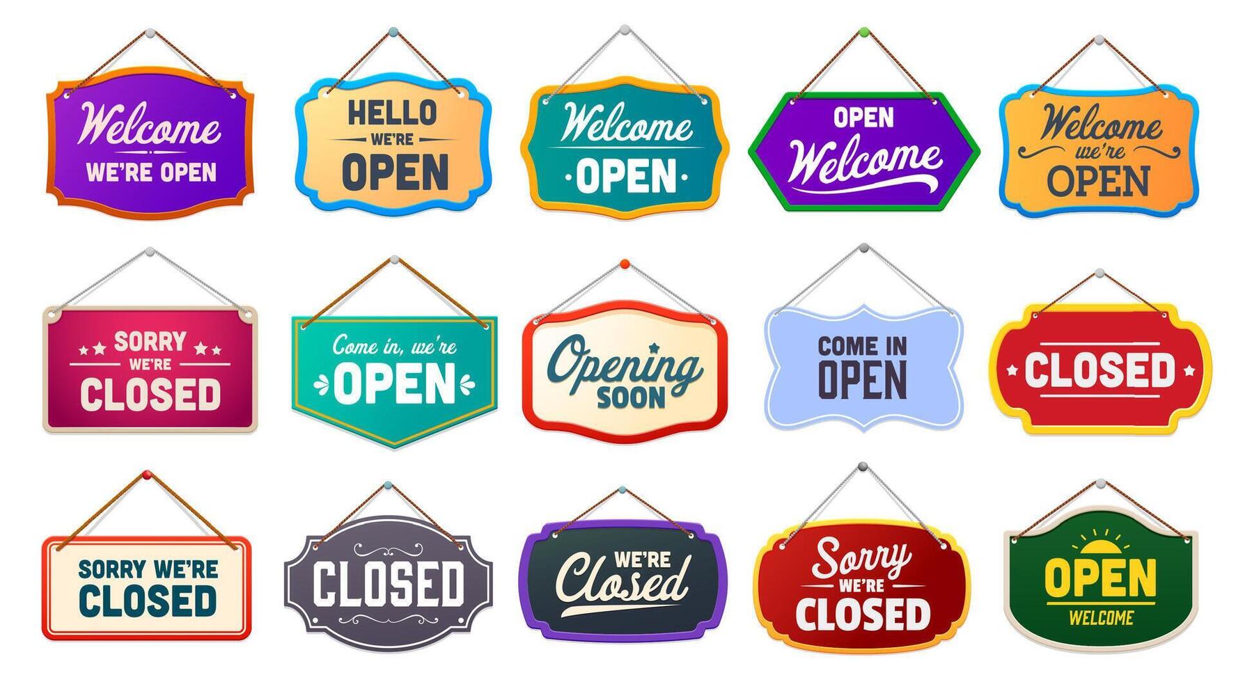 Shop notice signboard, open closed board signs vector