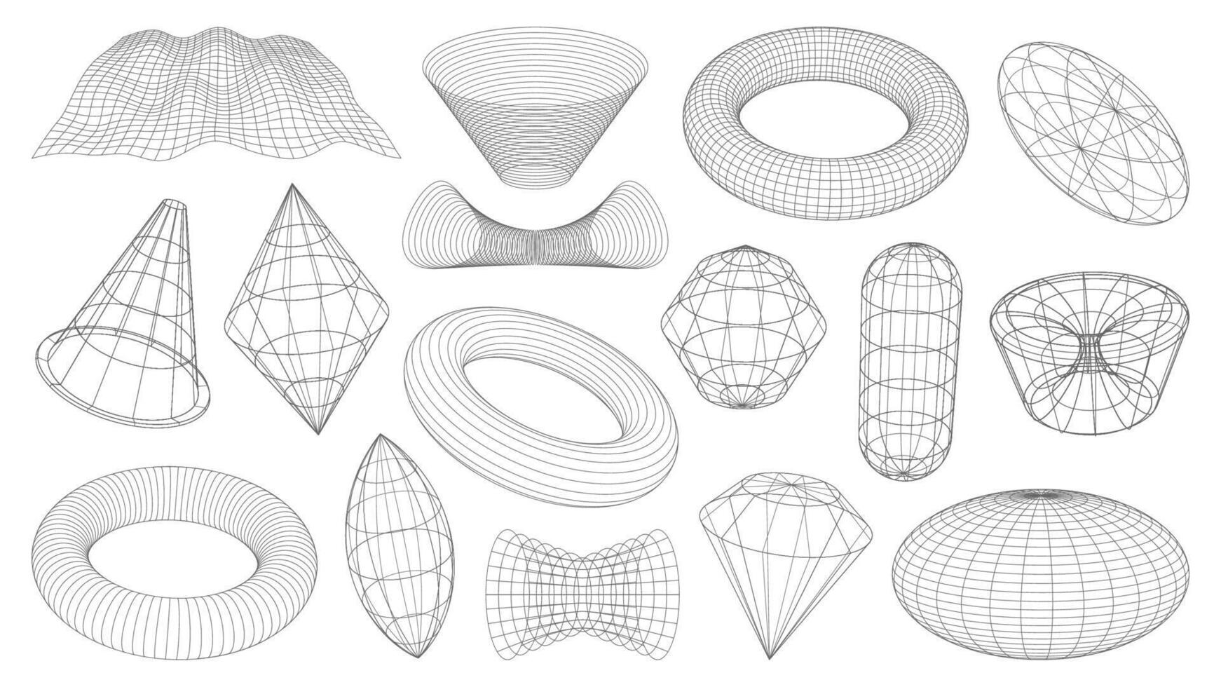3D wireframe shapes, brutal tech grids mesh vector