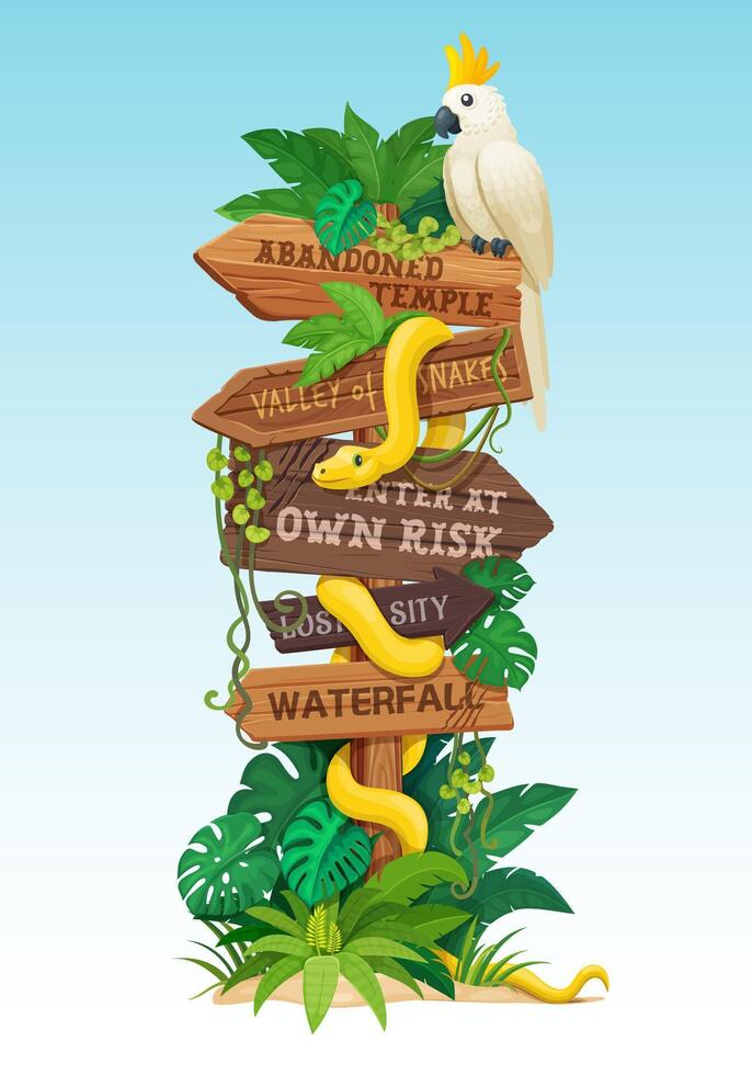 Jungle rain forest wooden signboard or road sign vector