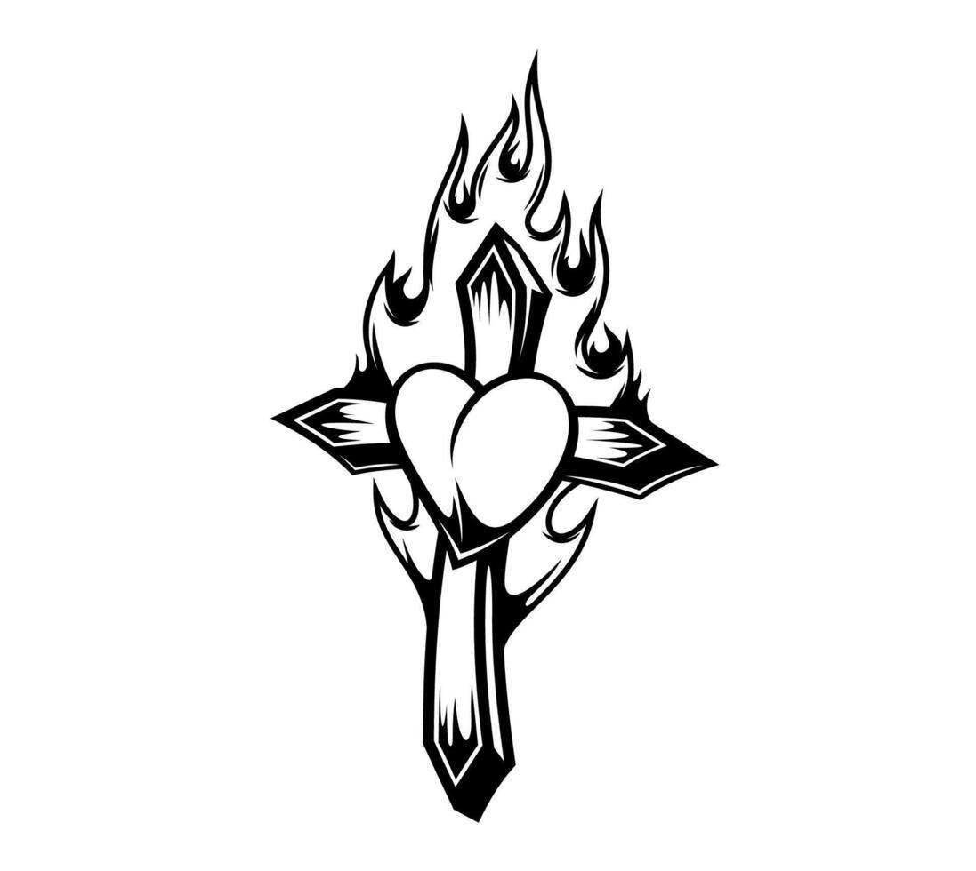 Christianity cross tattoo with fire and heart vector