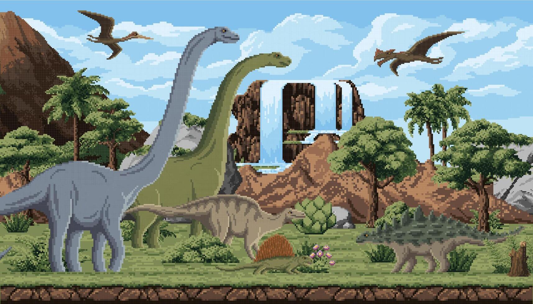 Pixel art of dinosaurs in a landscape vector
