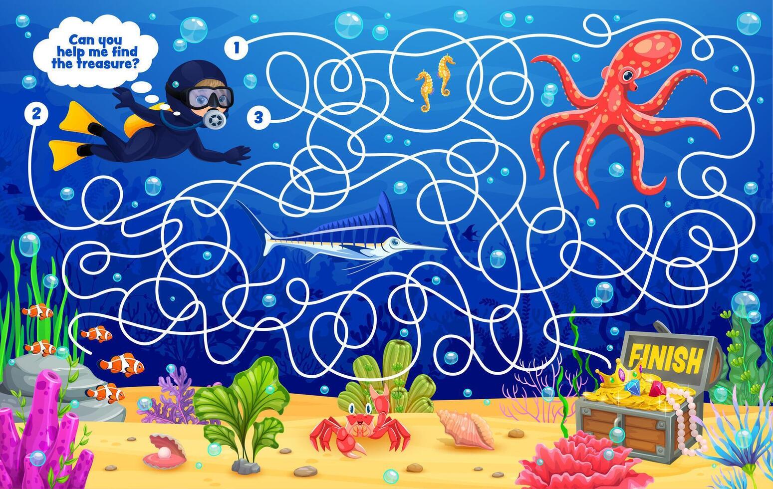 Underwater maze with diver and octopus vector
