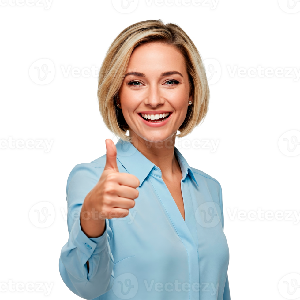 Smiling woman wearing blue blouse showing thumb up and smiling cut out png