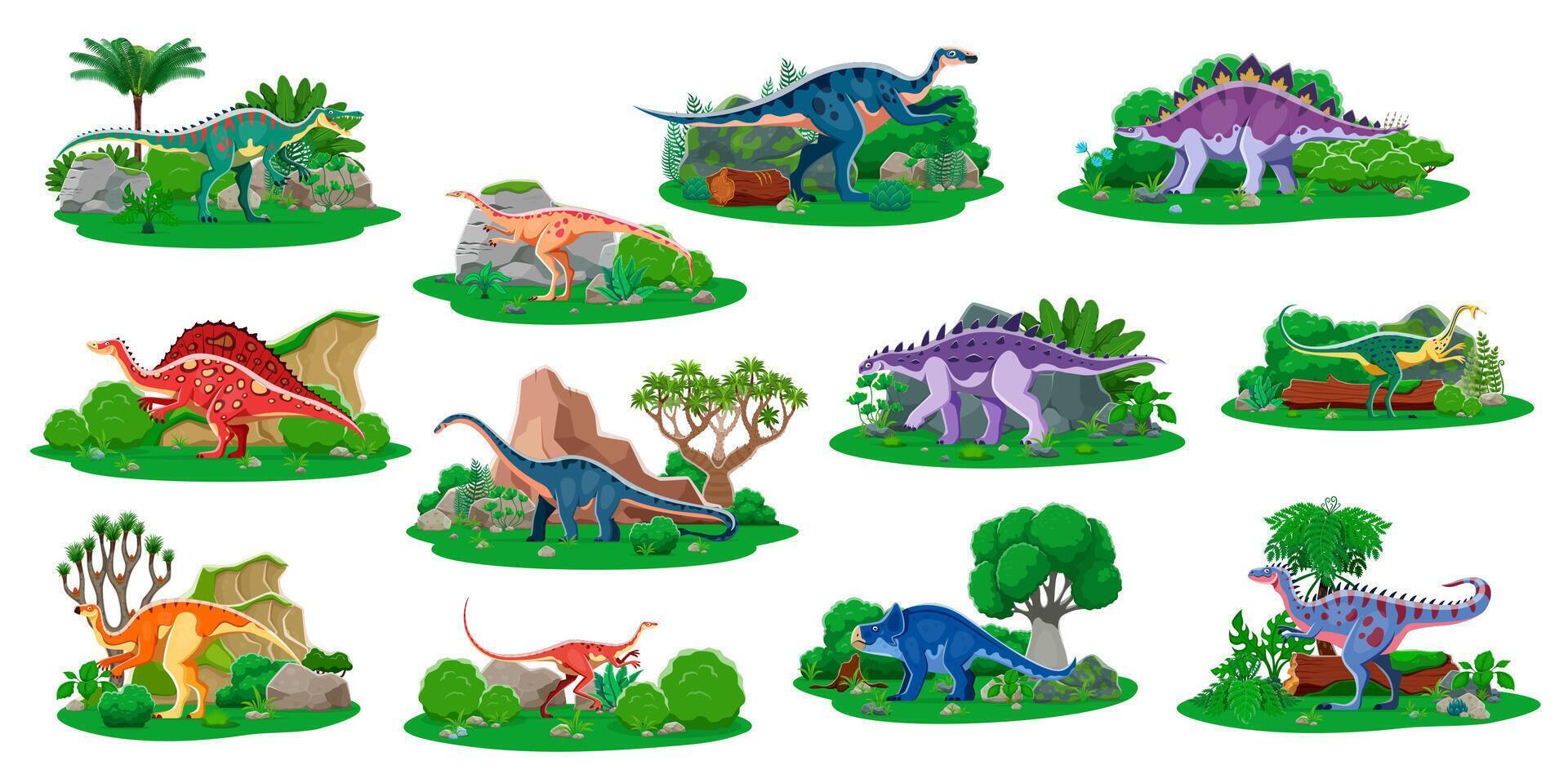 Colorful dinosaurs in lush landscapes vector