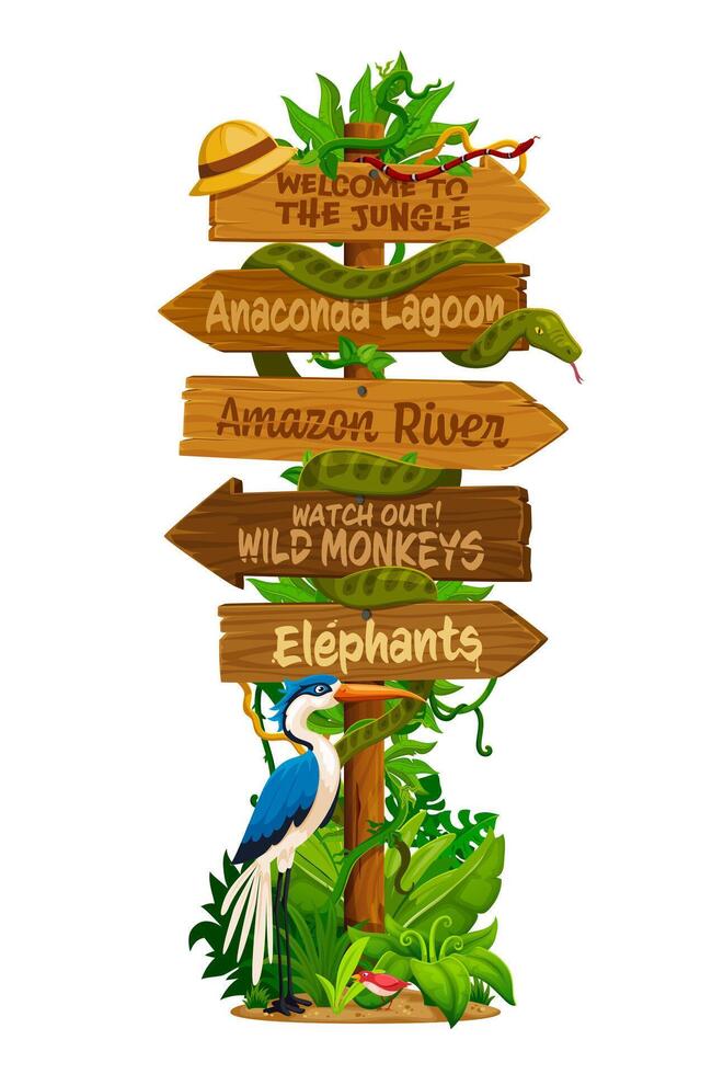 Jungle signpost with attractions and wildlife vector