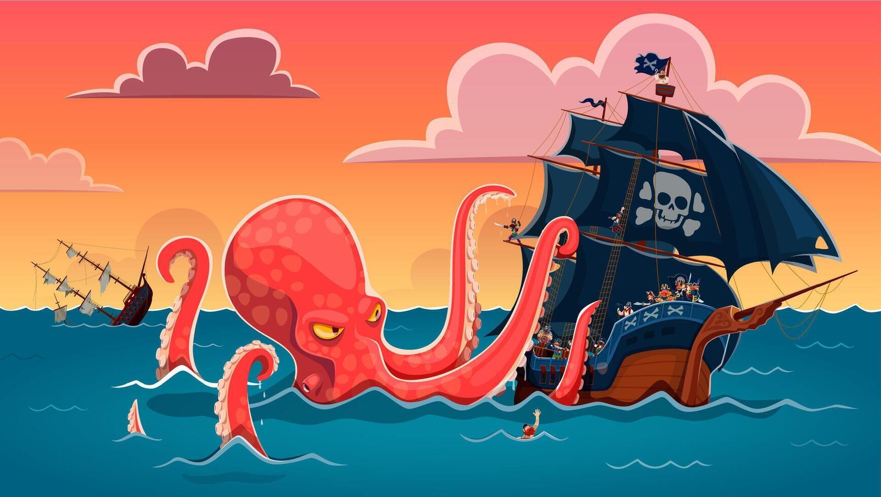 Octopus attacking a pirate ship at sunset vector