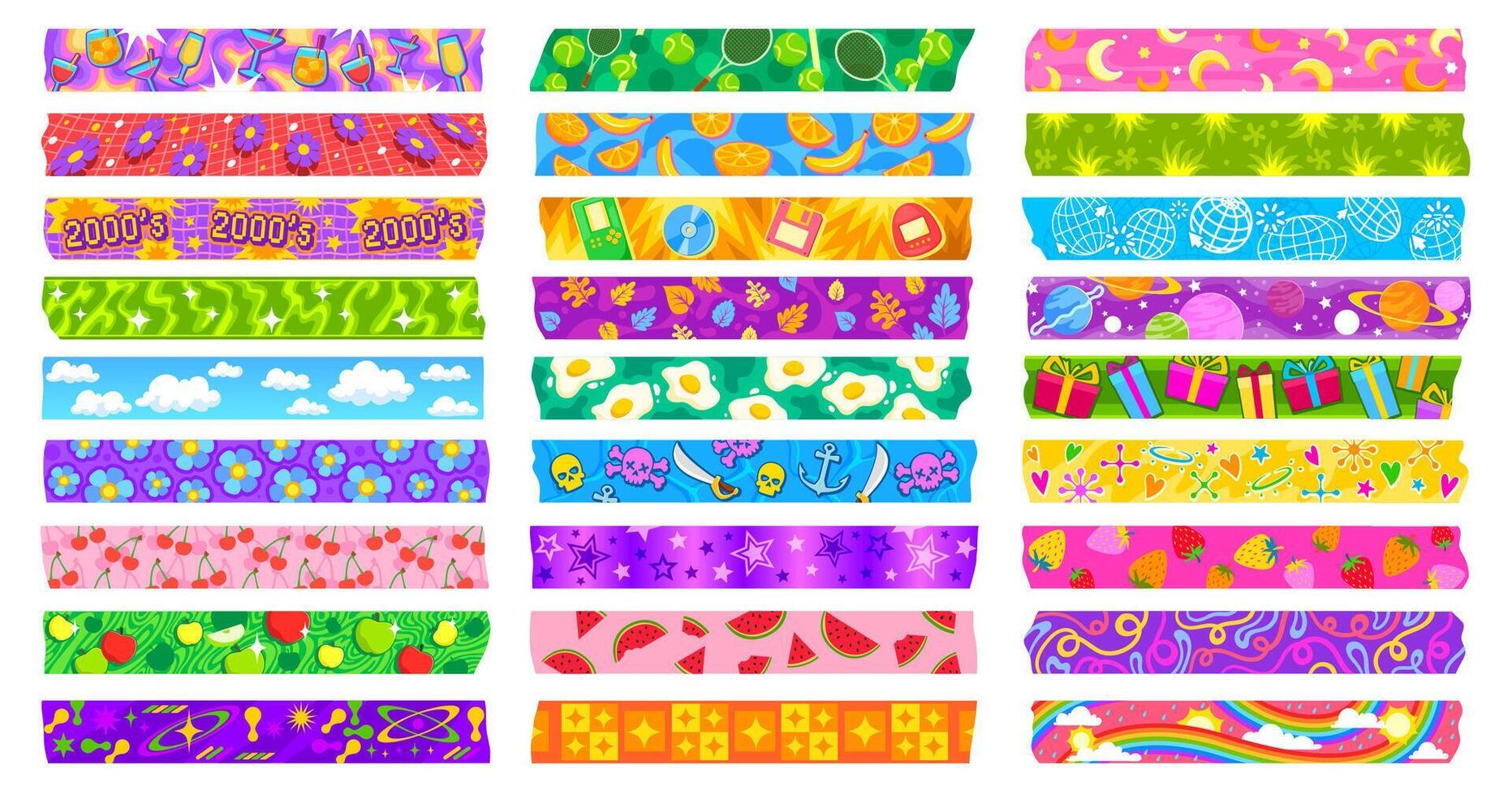 Y2k washi tape adhesive pieces groovy patterns vector