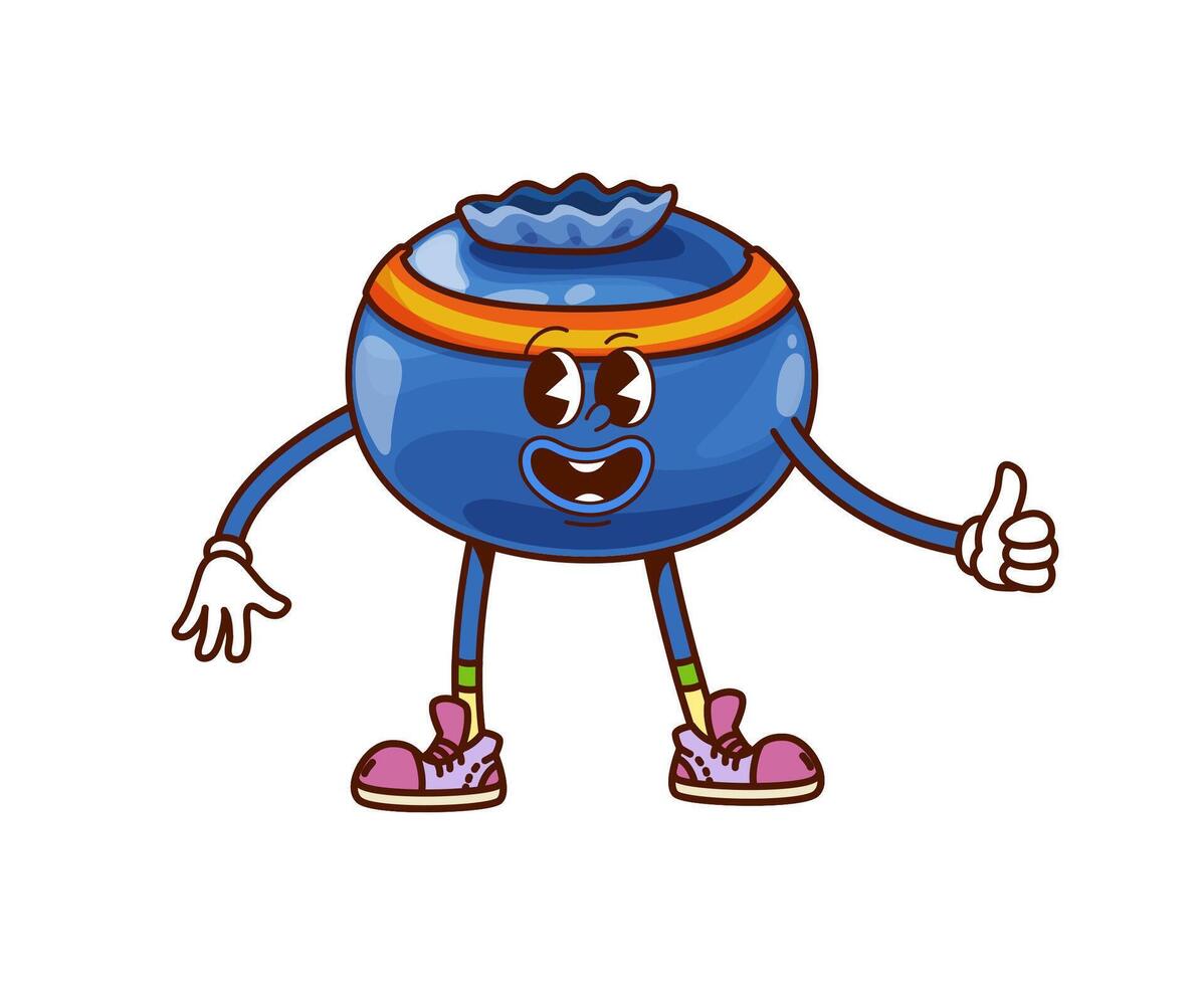 Cartoon groovy blueberry berry character, thumb up vector